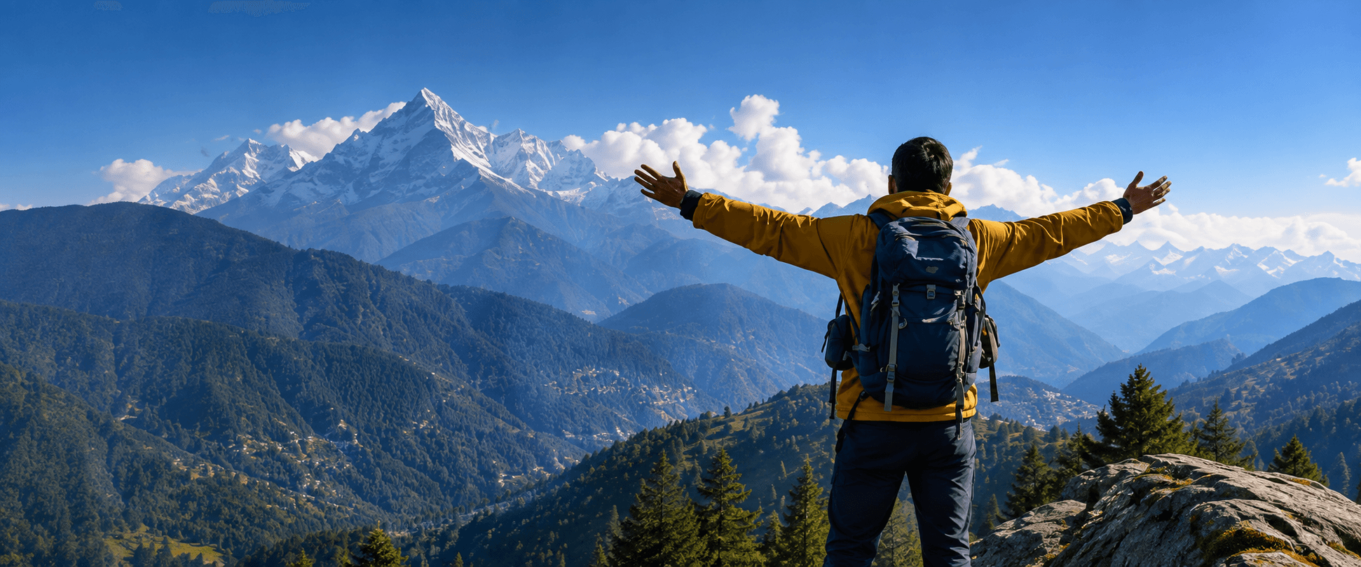 A traveller standing on a ridge with arms outstretched, facing a snow-capped Himalayan peak.