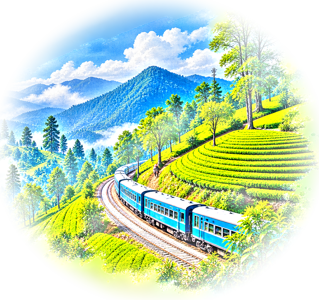 A watercolour of a blue mountain train curving through tea terraces below misty ridges.